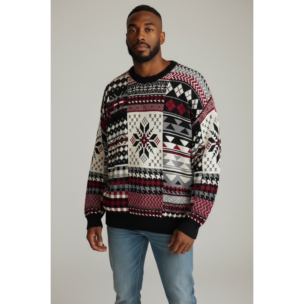 Woods & Gray Vintage Chunky Knit Cotton Sweater Mens XL Patchwork Snowflake Red